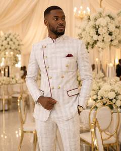 Costume de mariage ivoire croisé pour homme |   Costume de marié Prince |   Costume formel Bandhgala 2 pièces avec motif à carreaux - Product Image 1