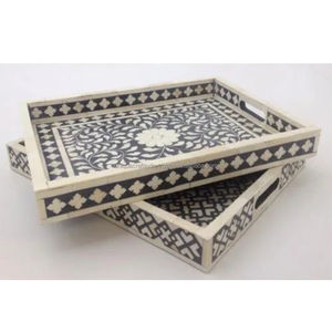 Plateau rectangulaire de décoration d'intérieur moderne de luxe, beige, incrustation d'os, motif géométrique floral traditionnel, artisanal, poli - Product Image 5