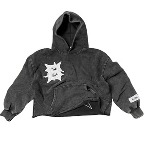 Nouveau design en détresse sweat à capuche brodé pour hommes poids lourd lavage à l'acide Patchwork ourlet brut 100% coton grande taille anti-rétrécissement - Product Image 1