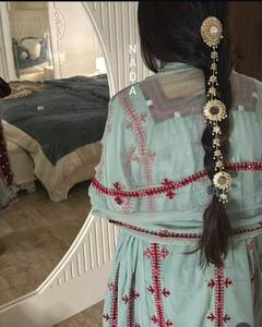 Robe en mousseline de soie brodée turquoise avec motif géométrique, style bohème, manches longues, coupe ample, longueur cheville pour femme - Product Image 4
