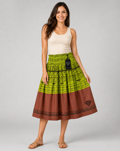 Custom Manufacturer Wholesale Womens <b>Boho</b> Ethnic Tribal Print Midi <b>Skirt</b> High Waist Elastic Smocked Green Brown A Line Cotton - Product Image 6