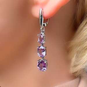 Boucles d'oreilles pendantes vintage en argent sterling avec améthyste véritable, bijoux élégants en pierre précieuse violette, pierre de naissance de février, cadeau de mariage - Product Image 2
