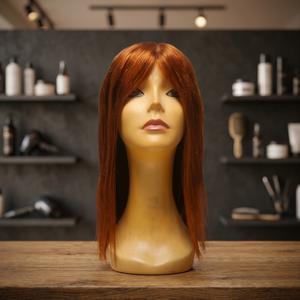 Peluca de Cabello Humano Rojo Liso con Flequillo Completo, Longitud Media, Exhibida en Cabeza de Maniquí - Product Image 1