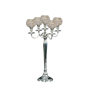 Luxury Large 5 Arm <b>Candelabra</b> with Square Base Shiny Silver Plated Aluminum & Crystal Tealight Holder for Wedding Decoration - Product Image 5