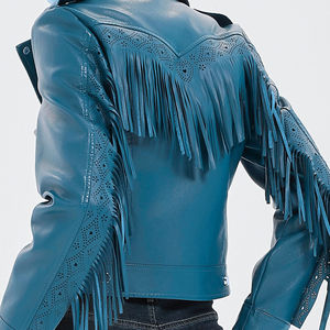 Chaqueta de cuero occidental de invierno más vendida, piel de vaca, con múltiples cremalleras, flecos personalizados, bordado acolchado, 100% poliéster, corta, teñida. - Product Image 3