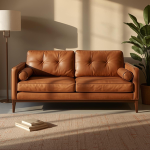 Canapé en cuir Cognac de qualité supérieure, 2 places, avec dossier capitonné, style moderne du milieu du siècle, canapé de salon, design avec pieds en bois massif - Product Image 5