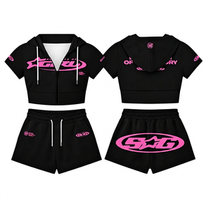 Women's <b>Black</b> Pink Logo Hooded Crop Top Shorts Set Casual Street Wear High Waist <b>Long</b> <b>Sleeves</b> Winter Breathable Knitted - Product Image 1