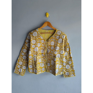 เสื้อแจ็คเก็ตผ้าฝ้ายพิมพ์ลายบล็อกสีเหลืองสำหรับผู้หญิง แบบสองด้าน ลายดอกไม้ ติดกระดุม สวมใส่สบาย เหมาะเป็นของขวัญสำหรับเธอ - Product Image 1
