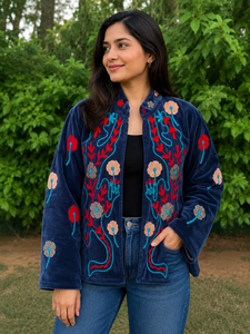 Veste en velours bleu marine pour femme, broderie florale colorée en velours, faite à la main, style ethnique bohème, doublure en coton, veste de boutique tendance - Product Image 1