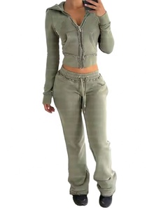 Ensemble jogging vintage personnalisé Survêtement avec fermeture éclair délavé à l'acide Survêtement Sweat à capuche unisexe et pantalon de survêtement évasé Survêtement pour hommes - Product Image 1