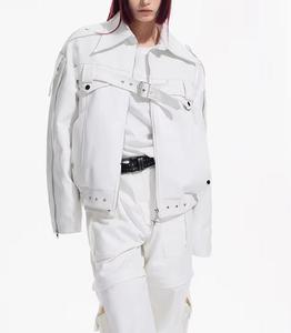 <b>White</b> PU Windproof Motorcycle <b>Jacket</b> <b>Men</b> Regular Sleeve Solid Color Turn-down Collar Zipper Closure Front Logo Winter Wear - Product Image 3