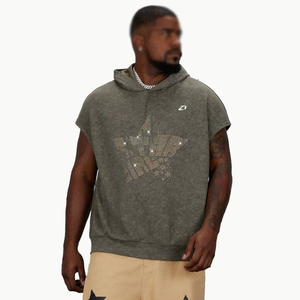 Sudadera sin mangas de algodón lavado con estrellas de diamantes de imitación, estilo urbano oversize, estilo gimnasio, proveedor de producción de ropa personalizada - Product Image 1