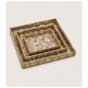 Ensemble de 3 plateaux en MDF de luxe faits à la main avec impression Meena de qualité supérieure et finition en résine, plateaux de service décoratifs en émail doré - Product Image 1