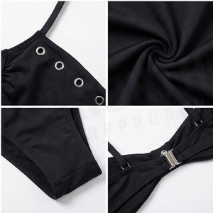 Ensemble bikini noir pour femmes avec strass, haut bandeau, bas string, couleur unie, maillot de bain extensible - Product Image 4