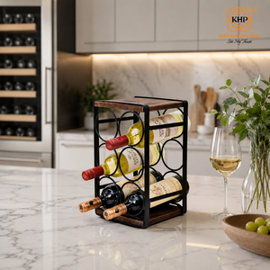 KHP Modern Industrial Wood and Iron Countertop Wine Rack 6-Bottle <b>Tabletop</b> Holder Small Premium Wine Display Shelf for Home Bar - Product Image 5