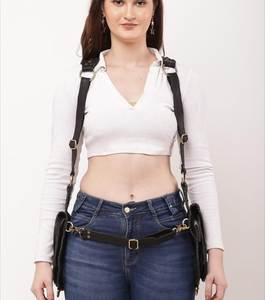 FAZMAX <b>Black</b> Oxford Tactical Harness Bag Unisex Shoulder Sling <b>Backpack</b> Genuine Leather Lining Zipper Detachable Strap - Product Image 5