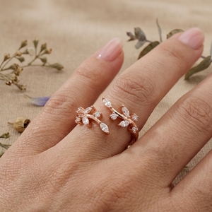 Rose Gold Leaf Moissanite Open <b>Ring</b> Nature Inspired Adjustable Vine <b>Ring</b> Minimalist Women Jewelry - Product Image 5