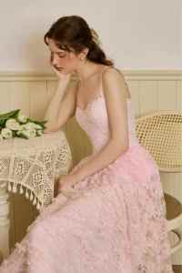 High Quality Vietnam Maxi Length Casual <b>Dresses</b> Sleeveless Strap Square Neck Hellen 3D Floral Lace Jacquard Slip <b>Dress</b> KD46 - Product Image 3