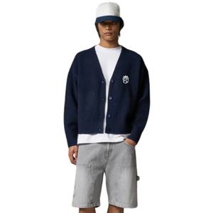 Cardigan en tricot bleu marine pour homme avec logo brodé, col en V boutonné, tricot doux et chaud, style décontracté streetwear, haut tendance - Product Image 6