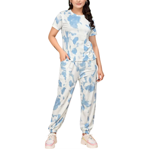 Conjunto Deportivo Tie Dye para Mujer, Manga Corta, Cuello Redondo, Corte Holgado, Pantalones Largos, Bolsillos Laterales, Cintura Elástica, Ropa Casual de Verano - Product Image 1
