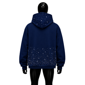 Sweat à capuche bleu marine à strass, zippé, coupe oversize, style streetwear, décontracté, unisexe, mode, vente en gros - Product Image 2