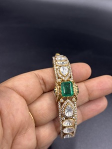 <b>Silver</b> Gold Plated Classic Doublet <b>Cuff</b> CZ Polki Cut Green Bezel Set Geometric Design Women's Bridal Wedding Everyday Wear - Product Image 5