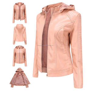 Élégant rose élégant à capuche Moto cuir veste pour femmes polyvalent respirant imperméable fermeture à glissière Durable Sherpa doublure - Product Image 6