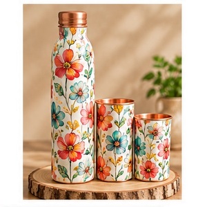 Elegante Juego de Botellas de Agua de Cobre con Diseño Floral en Acuarela, Portátiles para Viaje, con Tapas - Product Image 1