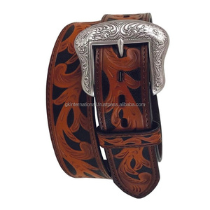 Classic Hand Carved Floral Embossed Brown Black Genuine Western Leather <b>Tooling</b> <b>Belt</b> for Men and Women - Product Image 1