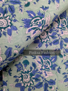 Block printed cotton Mint <b>Green</b> base with Indigo Blue and White floral accents. - Product Image 2