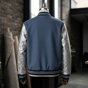 Men Blue Wool <b>Jacket</b> <b>Silver</b> Metallic Leather Sleeves Full Zip Bomber Custom Embroidered Premium Streetwear - Product Image 2