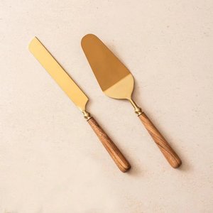 Premium Golden Stainless Steel <b>Cake</b> <b>Server</b> with Wooden Handle Handmade Lining End Tableware <b>Cake</b> <b>Server</b> Set On Sale - Product Image 6