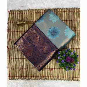 CRÉATEUR BANARASI SOIE ZARI TISSANT TRAVAIL SAREE AVEC BLOUSE INCOUSÉE GRIS - Product Image 1