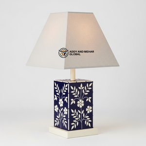 Handcrafted <b>Blue</b> Bone Inlay <b>Table</b> Lantern with Floral Design Luxury Square Decorative <b>Bedside</b> Lamp with Fabric Shade for Home - Product Image 1