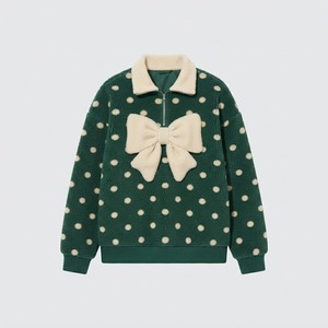 เสื้อแจ็คเก็ตผ้าฟลีซลายจุดสีเขียวสำหรับผู้หญิง พร้อมโบว์สีครีม ปกคอพับ แขนยาว สไตล์หวาน สำหรับใส่ในฤดูหนาว - Product Image 1