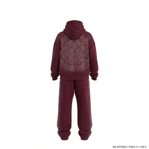 Custom Women <b>Burgundy</b> Rhinestone Hoodie Jogger Set Cotton Fleece Oversized Streetwear Tracksuit Wholesale - Product Image 4