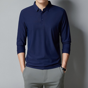 เสื้อโปโลถักแขนยาวสีน้ำเงินสำหรับผู้ชาย สีพื้น ระบายอากาศได้ดี สวมใส่สบาย ทรงปกติ - Product Image 4