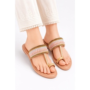 Women's Kolhapuri Chappals Black T-Strap <b>Slides</b> Rhinestone Decoration Open Toe Velvet Upper Leather Outsole Summer Fashion - Product Image 1