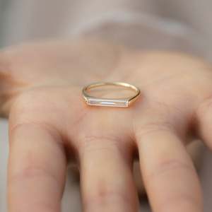 Minimalist Baguette Diamond Ring 14K Solid Gold Channel Setting Geometric Engagement Band Unisex Fine Jewelry - Product Image 1