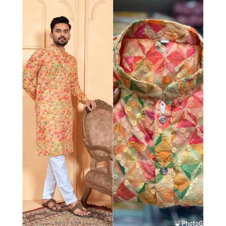 FANCY COTTON CHICKEN WITH SEQUENCE WORK MENS KURTA PAYJAMA ORANGE