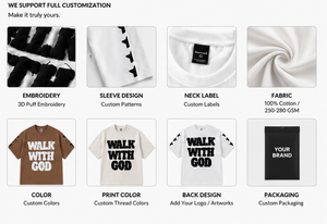 เสื้อยืดโอเวอร์ไซส์สีขาวสำหรับผู้ชาย ลายปัก Walk With God สไตล์ Distress พิมพ์ลายกราฟิก ผ้าคอตตอนหนา ทรงไหล่ตก สตรีทแวร์ - Product Image 4