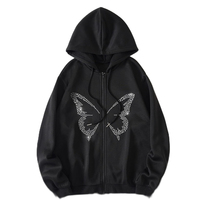 Blouson bomber noir zippé délavé à l'acide anti-boulochage avec imprimé croix gothique à paillettes et sequins, coupe ample unisexe, décontracté pour l'hiver
