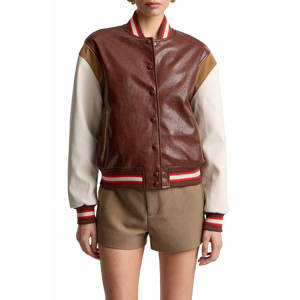 Veste universitaire en cuir véritable pour femme avec manches contrastées et col boutonné, style automne - Product Image 6