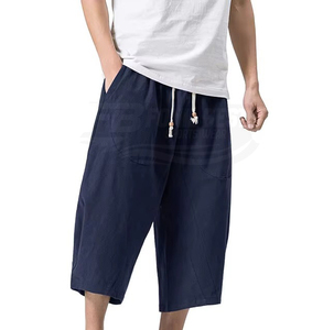 Pantalon Capri Homme 100% Coton Coupe Droite Taille Mi-Haute Élastique avec Cordon de Serrage Jambe Large Décontracté Léger pour l'Automne et la Plage - Product Image 2