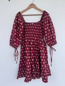 Floral Print Boho Maxi <b>Dress</b> Long Sleeves V-neck <b>Ruffle</b> Hem Modern Fit A-Line Natural Sweet Washable Summer Casual Hand Block - Product Image 5
