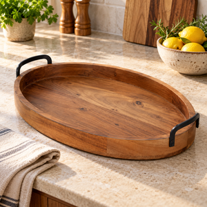 Handcrafted Wooden Serving <b>Tray</b> with <b>Black</b> Metal Handles Wholesale OEM ODM - Product Image 2