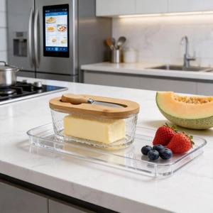 <b>Glass</b> Butter Dish With Wooden Lid Stylish Modern Kitchen Breakfast Butter Storage <b>Container</b> Elegant Serveware From India - Product Image 4