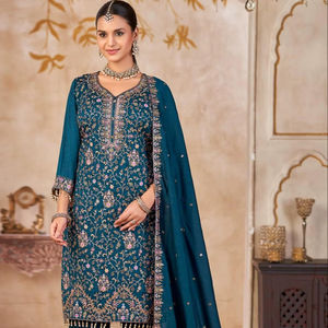 Traje Salwar Kameez Moderno de Seda Vichitra, Listo para Usar, con Bordado y Encaje, para Fiestas, Bodas y Diwali - Product Image 1