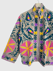 Hand Embroidered Floral Jacket Mandarin Collar Full Sleeve Plus Size Womens Autumn Wear Cotton Zipper Closure Prairie Chic Style - Product Image 4