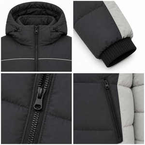 Wholesale Hooded Puffer <b>Jacket</b> Contrast Panel Construction Warm Polyester Filling Custom Patch Multiple Zipper Pockets - Product Image 4